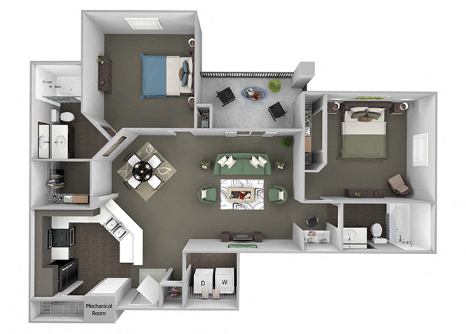 Floor plan for 2 beds, 2 baths, 1137 sqft